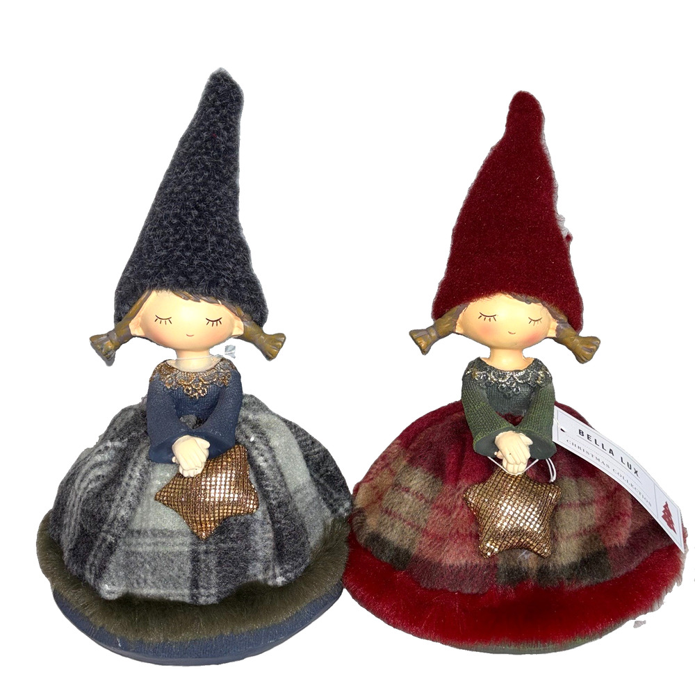 Bella Lux Christmas Angel Girl Plaid Figurine Holiday Decor Set of 2 Blue & Red
